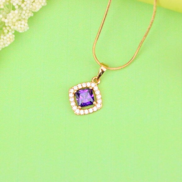 "Princess-Cut Purple Halo Pendant in Gold Plated Brass – Glam Touch, XPPT1793 - Picture 2 of 13